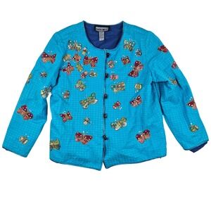 Indigo Moon Blue Butterfly Embroidered Beaded Jacket Womens Large Art to Wear L